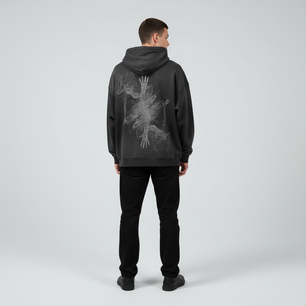 TRIØ7 ARTCORE – Fragment 01 Full-Zip Hoodie – Rückansicht | Oversized Washed Hoodie von TRIØ7