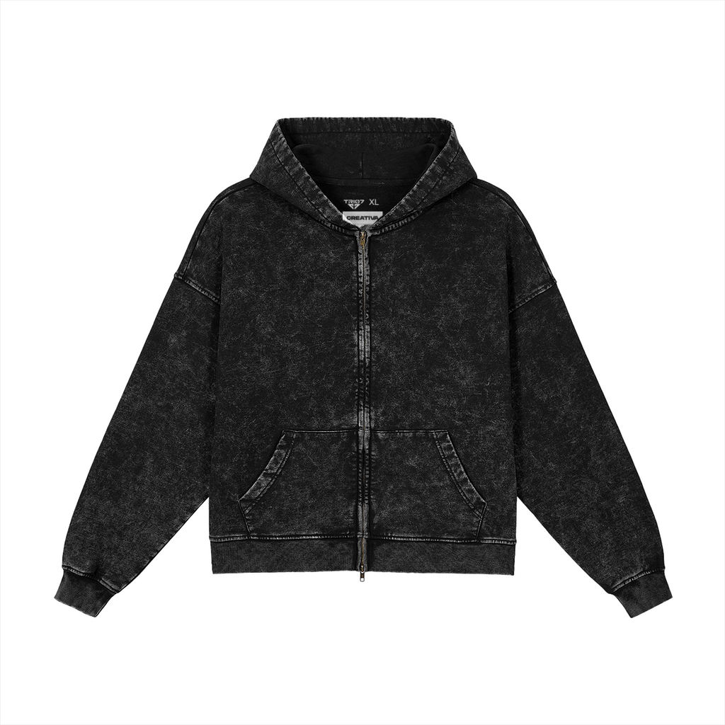 TRIØ7 ARTCORE – Fragment 01 Snow-Wash Zip – Frontansicht 2 | Oversized Washed Hoodie von TRIØ7