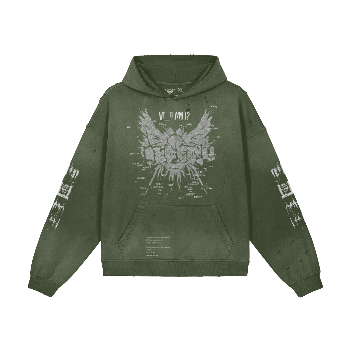 TRIØ7 ARTCORE – Fragment 01 Rebel Hoodie – Frontansicht 9 | Oversized Washed Hoodie von TRIØ7